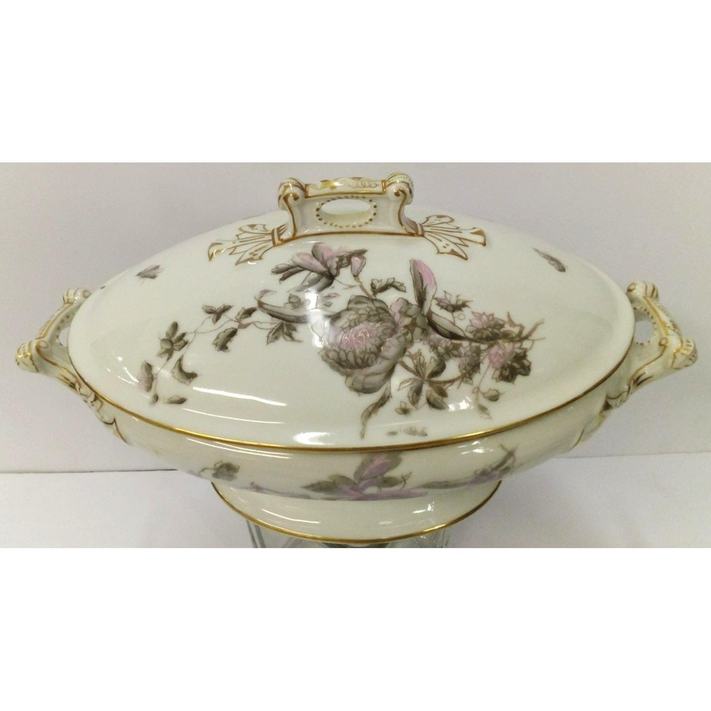 CFH Haviland Limoges Antique Purple Flowers Butterfly Soup Tureen Serving Dish